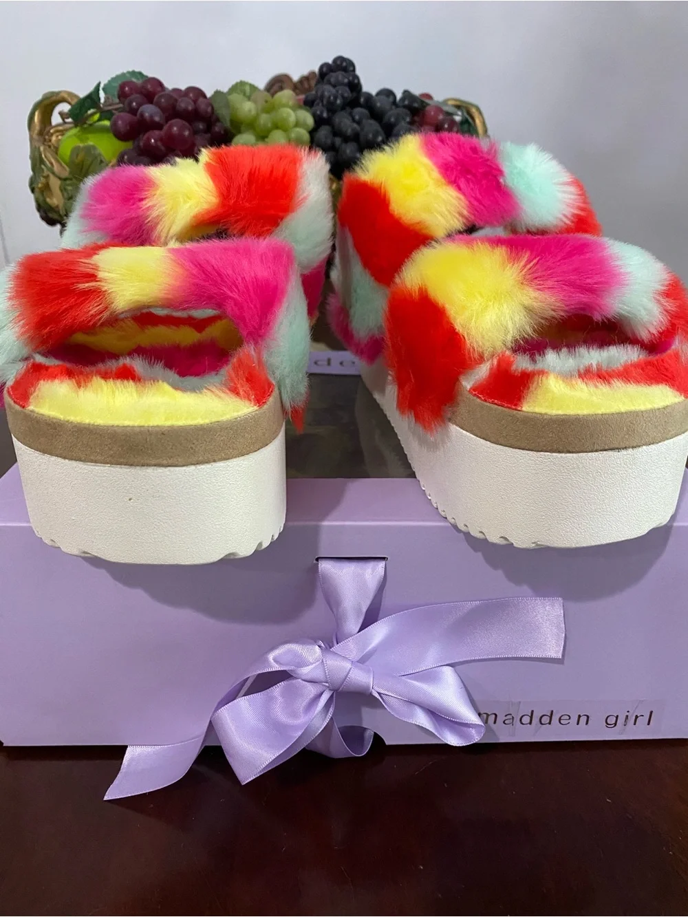 Madden Girl Multicolor Faux Fur Platform Slide Sandals